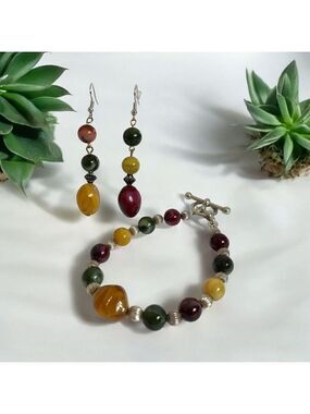 Glass Bead Boho Bracelet and Dangle Earrings Set